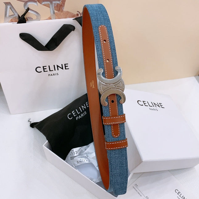 CELINE 25S BELT TRIOMPHE TAURILLON 25MM IN BROWN CALFSKIN AND DENIM 558353