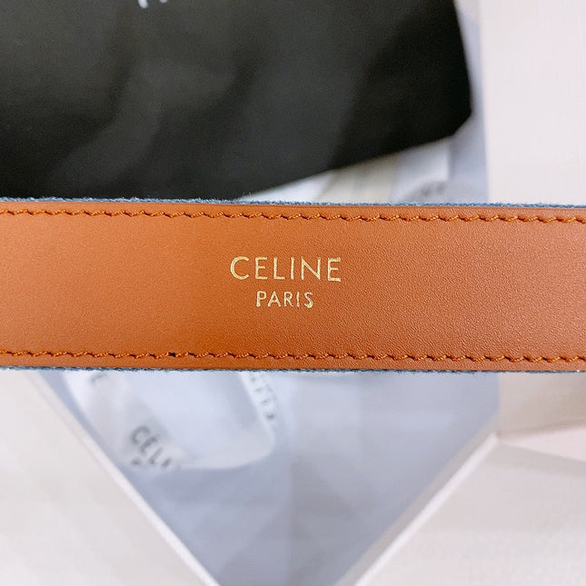 CELINE 25S BELT TRIOMPHE TAURILLON 25MM IN BROWN CALFSKIN AND DENIM 558353