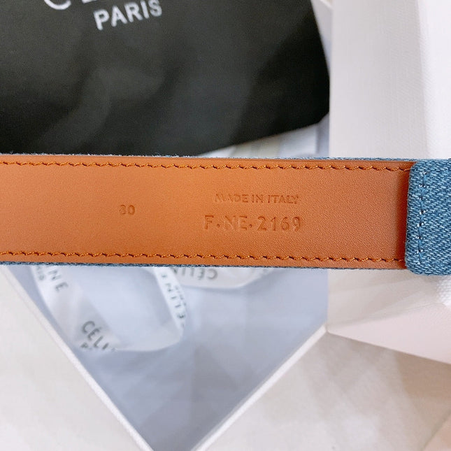 CELINE 25S BELT TRIOMPHE TAURILLON 25MM IN BROWN CALFSKIN AND DENIM 558353