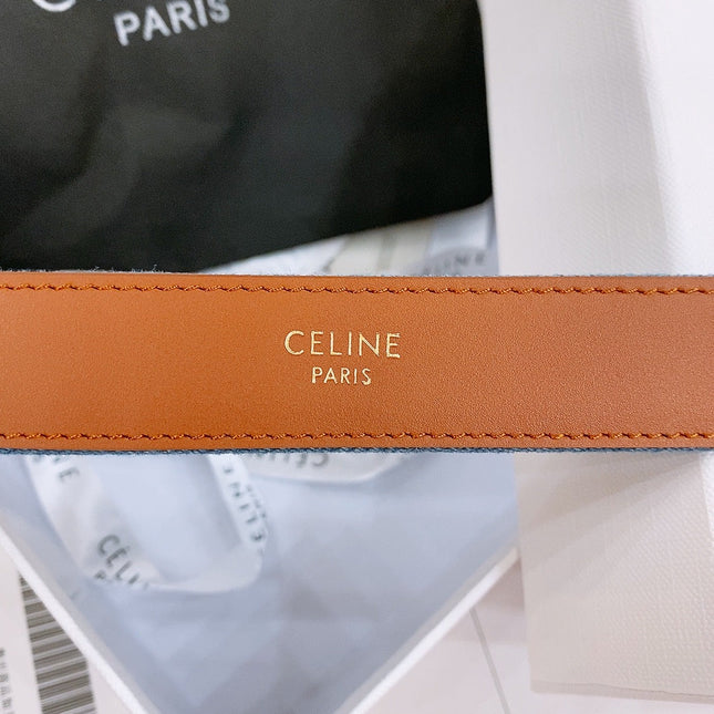 CELINE 25S BELT TRIOMPHE TAURILLON 25MM IN BROWN CALFSKIN AND DENIM 558354