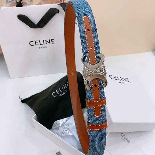 CELINE 25S BELT TRIOMPHE TAURILLON 25MM IN BROWN CALFSKIN AND DENIM 558354