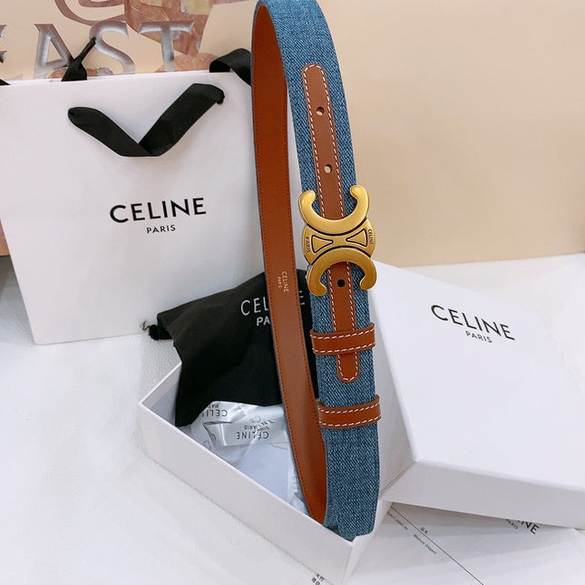 CELINE 25S BELT TRIOMPHE TAURILLON 25MM IN BROWN CALFSKIN AND DENIM 558355