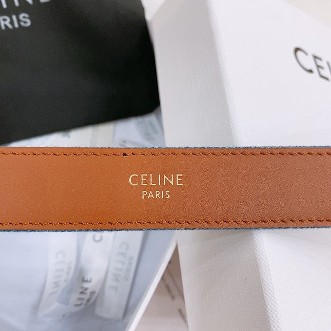 CELINE 25S BELT TRIOMPHE TAURILLON 25MM IN BROWN CALFSKIN AND DENIM 558355