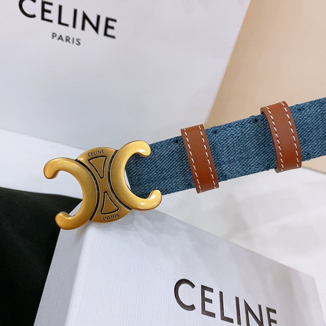 CELINE 25S BELT TRIOMPHE TAURILLON 25MM IN BROWN CALFSKIN AND DENIM 558355