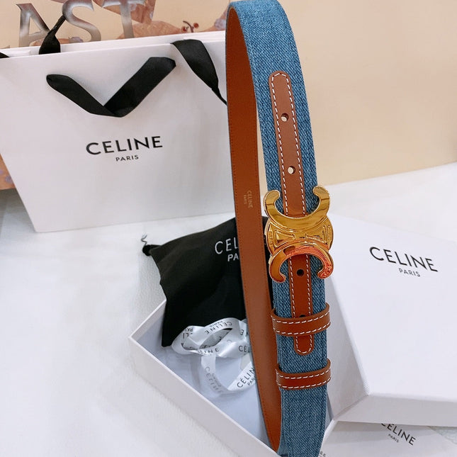 CELINE 25S BELT TRIOMPHE TAURILLON 25MM IN BROWN CALFSKIN AND DENIM 558356