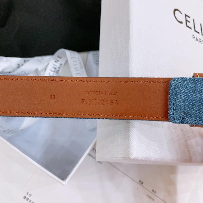 CELINE 25S BELT TRIOMPHE TAURILLON 25MM IN BROWN CALFSKIN AND DENIM 558356