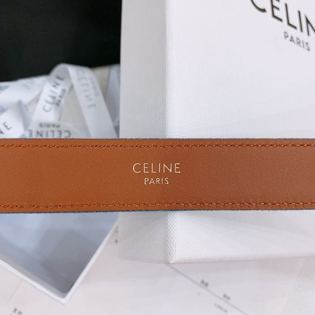 CELINE 25S BELT TRIOMPHE TAURILLON 25MM IN BROWN CALFSKIN AND DENIM 558356