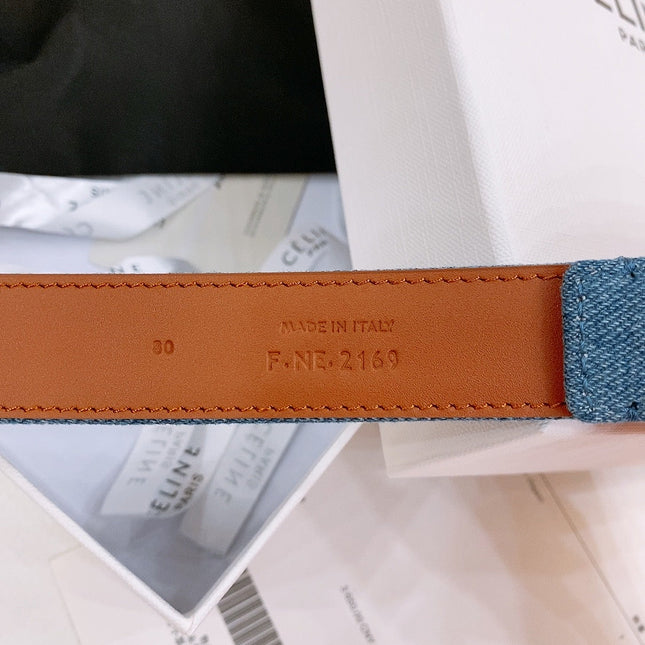 CELINE 25S BELT TRIOMPHE TAURILLON 25MM IN BROWN CALFSKIN AND DENIM 558357