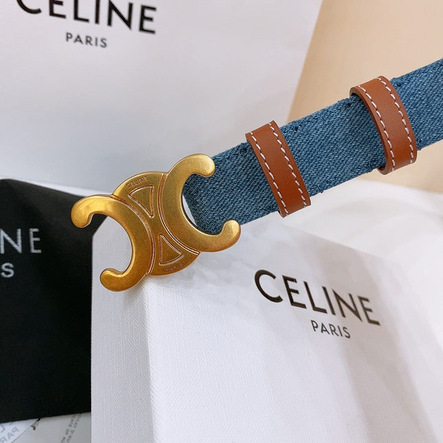 CELINE 25S BELT TRIOMPHE TAURILLON 25MM IN BROWN CALFSKIN AND DENIM 558357