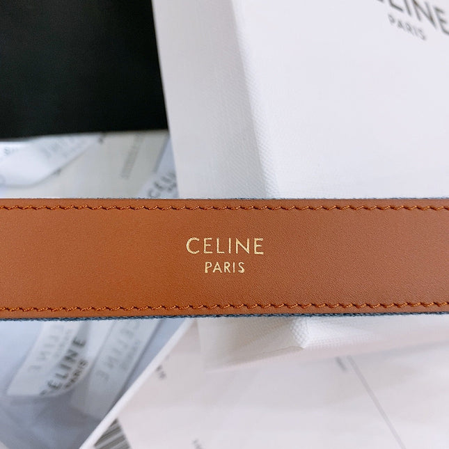 CELINE 25S BELT TRIOMPHE TAURILLON 25MM IN BROWN CALFSKIN AND DENIM 558357