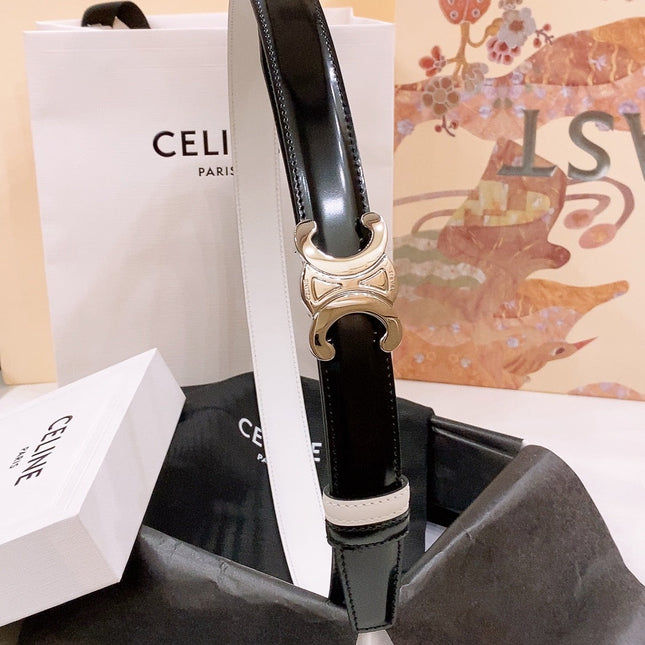 CELINE 25S BELT 25MM REVERSIBLE TRIOMPHE IN BLACK WHITE CALFSKIN 565542