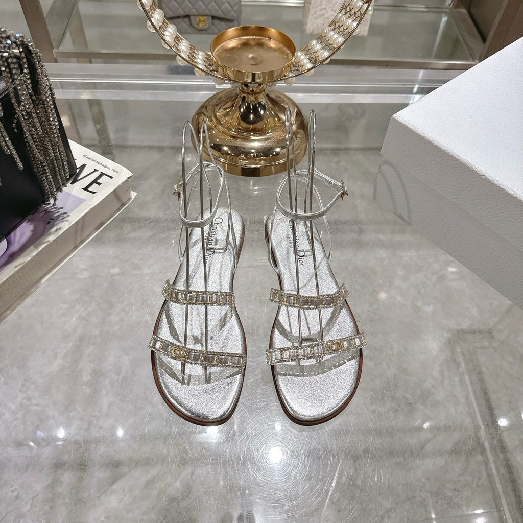 FLAT SANDALS 25S IN SILVER CALFSKIN RHINESTONES STRAP
