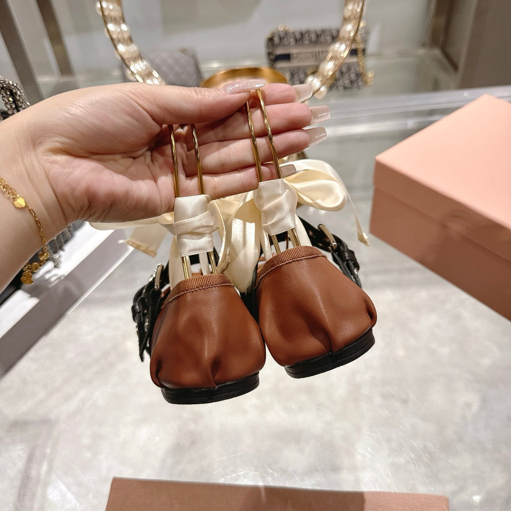 MIUMIU 26S SLINGBACK BALLET FLATS IN CARAMEL BROWN CALFSKIN AND BLACK STRAP RIBBON