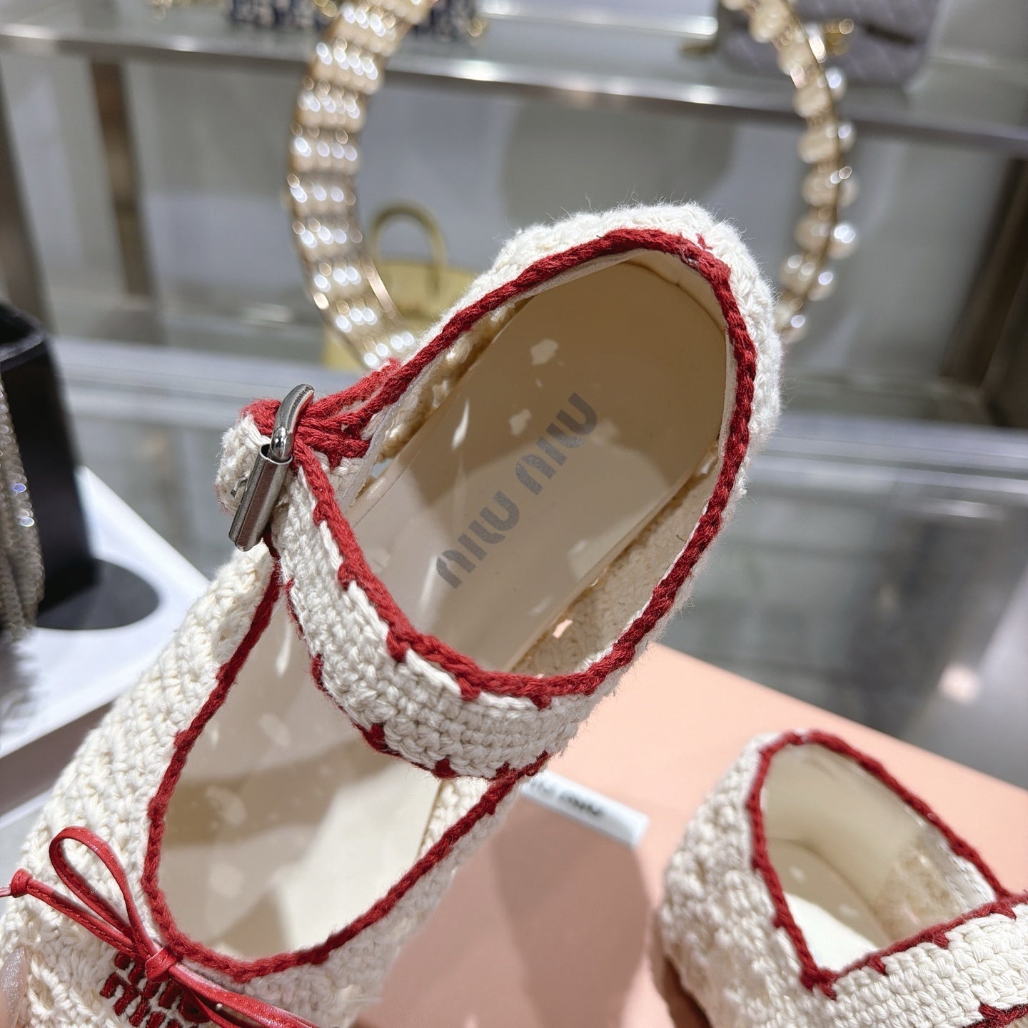 MIUMIU 26S MARY JANE BALLET FLATS IN WHITE CROCHET KNIT AND RED TRIM