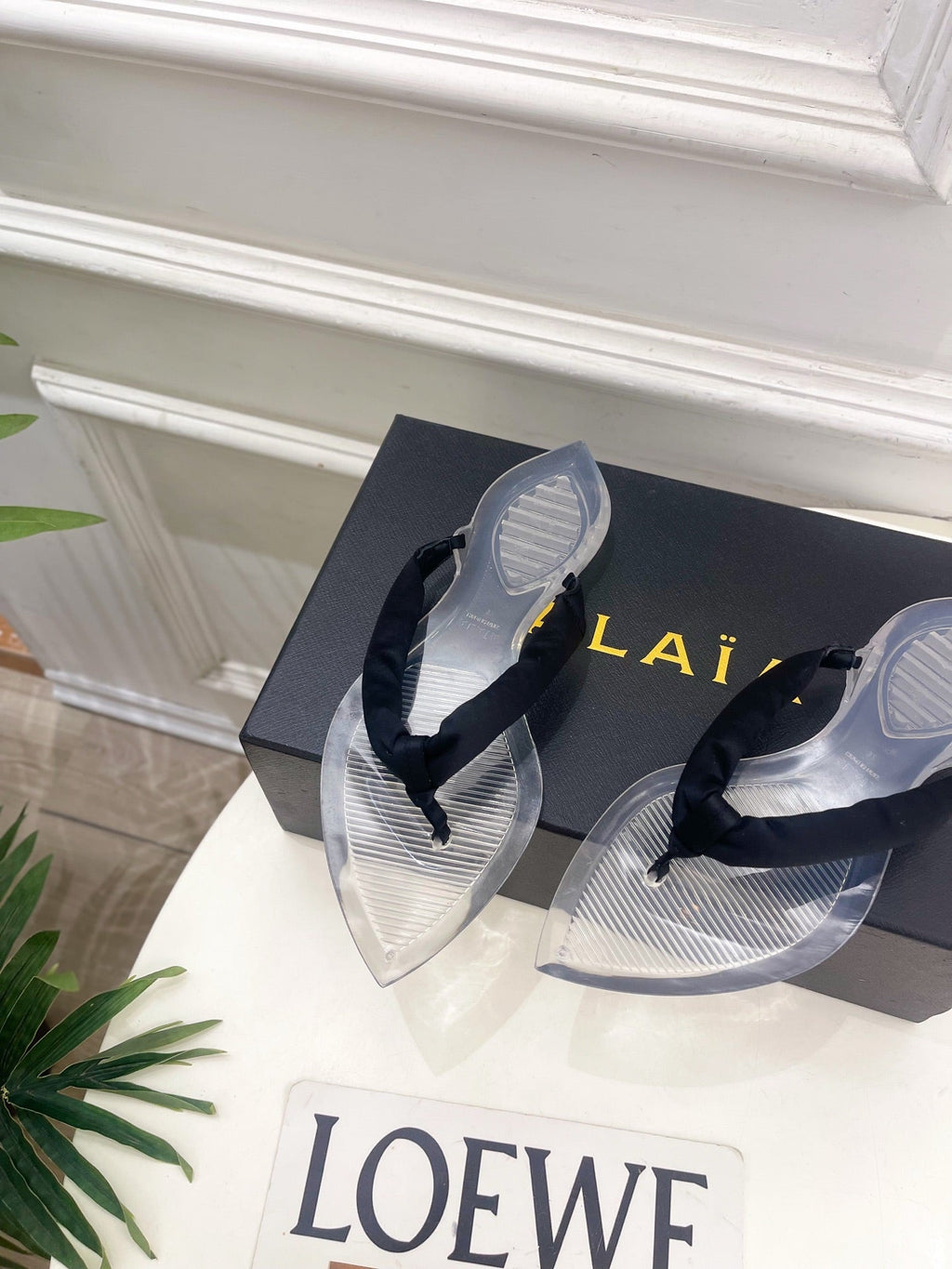 ALAIA 26S THONG SANDALS IN BLACK SATIN AND TRANSPARENT PVC