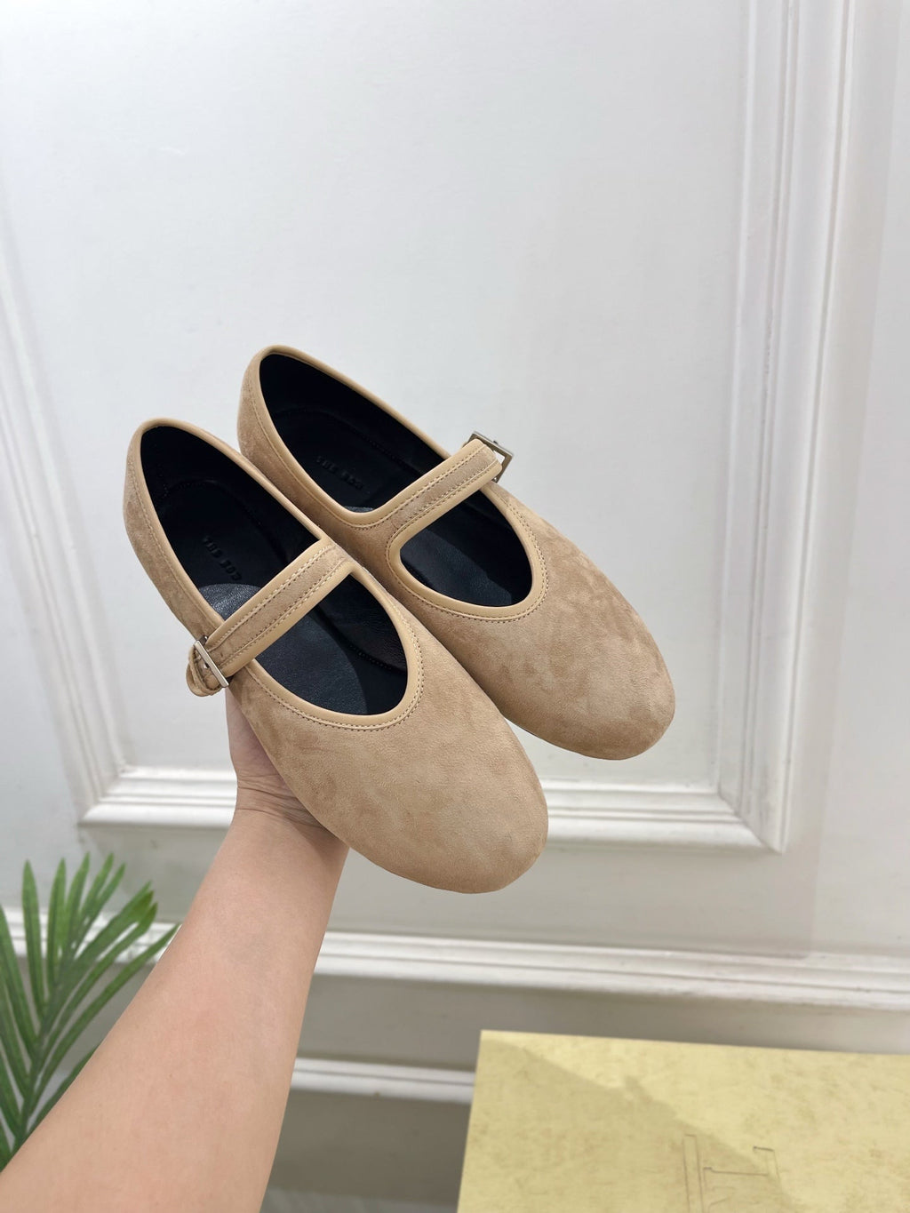 THE ROW 26S ROUND TOE MARY JANE FLATS IN LIGHT BROWN SUEDE