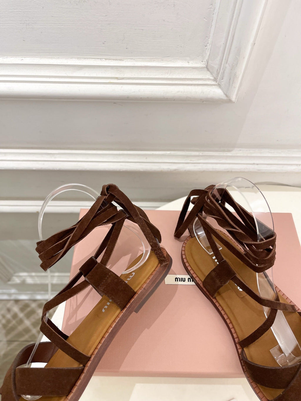 MIUMIU 26S LACE-UP SANDALS IN DARK BROWN SUEDE