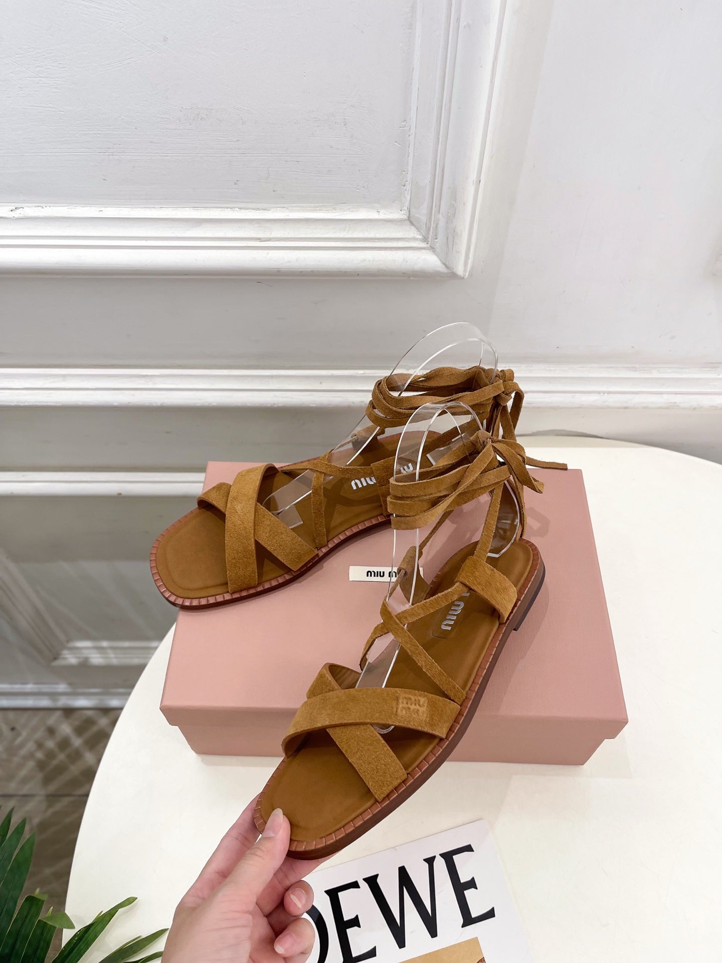 MIUMIU 26S LACE-UP SANDALS IN CARAMEL BROWN SUEDE